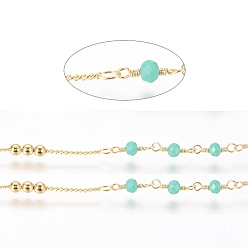 Turquoise Brass Handmade Beaded Chain, Curb Chains, with Faceted Glass Bead, Long-Lasting Plated, Real 18K Gold Plated, Unwelded, with Spool, Turquoise, 10x3mm, 45x2.8mm, about 32.8 Feet(10m)/roll