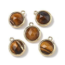 Тигровый глаз Плоские круглые подвески с натуральным тигровым глазом, с латунными накладками на стойку, долговечный, золотые, 14.5x12x5.5 мм, отверстие : 1.4 мм