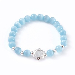 Небесно-голубой Кошачий глаз с круглыми бусинами, с фурнитурой из цинкового сплава, для евреев, звезда Давида, разноцветные, серебряные, внутренний диаметр: 51.5 мм