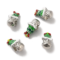 Christmas Tree Christmas Theme Alloy Enamel European Beads, Large Hole Bead, Platinum, Green, 14.5x10x6mm, Hole: 4.6mm