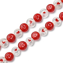 Mixed Color 2 Strands Handmade Lampwork Beads Strands, Flat Round with Heart, Mixed Color, 8x3mm, Hole: 1.2mm, about 48pcs/strand, 14.57''(37cm)