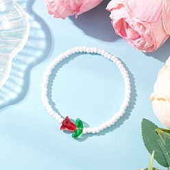 Красный Стеклянные бусины эластичные браслеты для женщин, тюльпан, со стеклянным цветком, красные, внутренний диаметр: 2-1/8 дюйм (5.3 см)