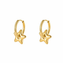 Star 304 Stainless Steel Hoop Dangle Earrings for Women, Real 18K Gold Plated, Star, 20x12mm
