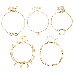 Light Gold 2сумки 10шт. браслеты на лодыжку из железа, сплава и пластика с жемчугом и подвесками для женщин, золотой свет, 7-3/4~8-3/8 дюйм (19.8~21.4 см), 5 шт / пакет