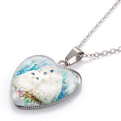 Owl Stainless Steel Pendant Necklaces, with Glass and Alloy Cable Chains, Heart, Colorful, Stainless Steel Color, Owl Pattern, 23.82 inch(60.5cm)