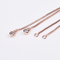 Rose Gold Electrophoresis Brass Necklace Making, with Cubic Zirconia & Slide Extender Chains, Box Chains, Long-Lasting Plated, Rose Gold, 31.5 inch(80cm)