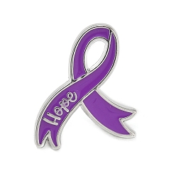 Purple Hope Awareness Ribbon Enamel Pins, Alloy Lapel Pin Backs for Backpack Clothes, Platinum, Purple, 23x20mm