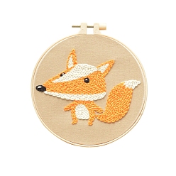 Fox Animal Theme DIY Display Decoration Punch Embroidery Beginner Kit, Including Punch Pen, Needles & Yarn, Cotton Fabric, Threader, Plastic Embroidery Hoop, Instruction Sheet, Fox, 155x155mm