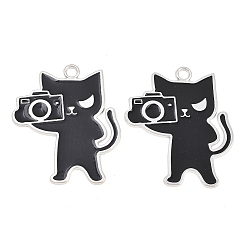 Черный Подвески из эмали и сплава, Подвеска в форме кошки с изображением фотоаппарата., платина, чёрные, 41.5x35~35.5x1.3 мм, отверстие : 1.3 мм