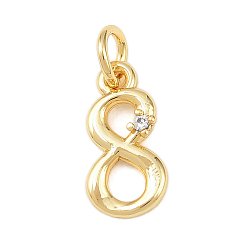 Настоящее золото 18K Латунные микропаве прозрачные кубические циркониевые подвески, число 8, с целью перехода в кольце, без кадмия и без свинца, стойки покрытие, долговечный, реальный 18 k позолоченный, 14~15x4.5~11x2 мм, отверстие : 3 мм