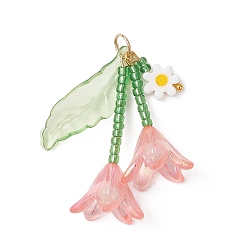 Легкий Лосось Стеклянные подвески из бисера, очарование цветка лилии, с акриловой фольгой и 304 нержавеющей сталью, золотые, светлый померанцевый, 37x7.5~16.5x3~16.5 мм, Перейти кольцо: 5.8x0.8 мм, внутренний диаметр: 4.5 мм