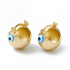 Deep Sky Blue Brass Enamel Evil Eye Half Hoop Earrings, Real 18K Gold Plated Chubby Hoop Earrings for Women Girls, Deep Sky Blue, 20x17.5x15.5mm, Pin: 1mm
