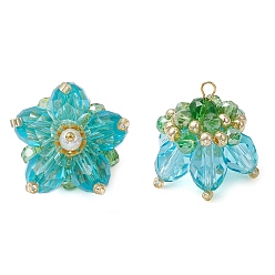 Темно-Голубой Прозрачные стеклянные подвески, цветочный шарм, со стеклянными жемчужными бусинами и латунными петлями, граненые, глубокое синее небо, 20x23x22 мм, отверстие : 2x3 мм