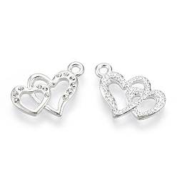 Platinum Alloy Pendant Rhinestone Settings, Cadmium Free & Lead Free, Double Heart, Platinum, Fit for 1.2mm Rhinestone, 14.5x22x2.5mm, Hole: 1.8mm
