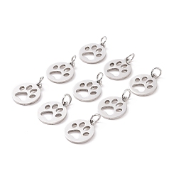 Stainless Steel Color 304 Stainless Steel Pendants, Flat Round with Dog Paw Prints, Stainless Steel Color, 14x12x1.1mm, Hole: 4mm