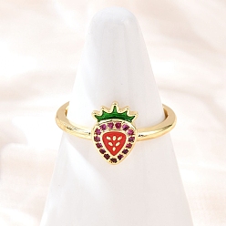 Настоящее золото 18K Регулируемые манжетные кольца с микропаве из кубического циркония из латуни, клубника, с эмалью, стойки покрытие, долговечный, без кадмия и без свинца, реальный 18 k позолоченный, внутренний диаметр: регулируемый, клубника: 11x8 мм