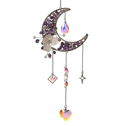 Amatista Atrapasueños colgante de metal con forma de luna y virutas de amatista natural, dijes de corazón de cristal para decoración de pared con prismas de ventana, 500x100x25 mm