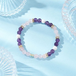 Аметист Браслеты из натуральных круглых бусин с аметистом, розовым кварцем и ракушечным жемчугом для женщин, внутренний диаметр: 2-1/8 дюйм (5.3 см)