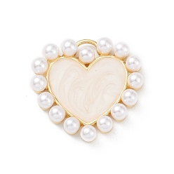 Настоящее золото 18K Подвески из латуни с эмалью в стойку, с пластиковой имитационной жемчужиной, сердце прелести, долговечный, без кадмия и без свинца, реальный 18 k позолоченный, 19x20x3.5 мм, отверстие : 1.4x3.5 мм