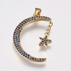 Golden Brass Micro Pave Cubic Zirconia Pendants, Moon with Star, Golden, 29.5x19x2.5mm, Hole: 3.5x5mm