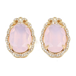 Pink Латунные микропаве прозрачные подвески с фианитом, со стеклом, овальные амулеты, долговечный, стойки покрытие, золотые, розовые, 26x18x8.5 мм, отверстие : 1.4 мм