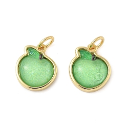 Светло-зеленый Подвески из латунной смолы, яблочные прелести, с целью перехода в кольце, без свинца и без кадмия, долговечный, стойки покрытие, реальный 18 k позолоченный, светло-зеленый, 13x11.5x4.5 мм, отверстие : 3.4 мм
