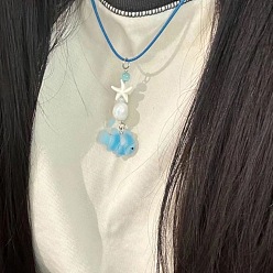 Светло-Голубой Летние пляжные рыбки и морские звезды пластиковые подвески вощеный шнур ожерелья для женщин и мужчин, Небесно-голубой, 15.75 дюйм (40 см)