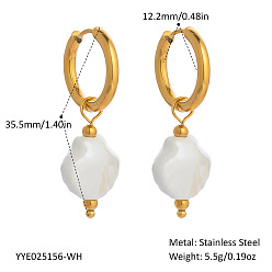Shell Shape 304 Stainless Steel Hoop Earrings, Handmade Procelain Dangle Earrings for Women, Golden, Shell Shape, 35.5mm