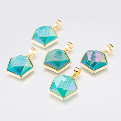 Medium Sea Green Electroplated Natural Druzy Quartz Crystal Pendants, with Brass Findings, Pentagon, Faceted, Golden, Medium Sea Green, 22x20x7~8mm, Hole: 4x5mm