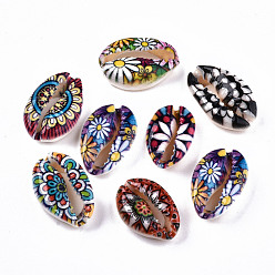 Colorful Printed Natural Cowrie Shell Beads, No Hole/Undrilled, with Flower Pattern, Colorful, 18~22x13~14x6~8mm