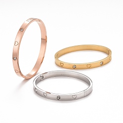Mixed Color 304 Stainless Steel Flat with Heart Pattern Bangle, Crystal Rhinestone Bangle for Women, Mixed Color, Inner Diameter: 1-7/8x2-1/4 inch(4.8x5.7cm)