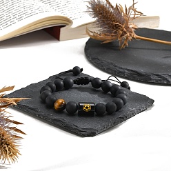 Football Браслет из плетеных бусин из натурального черного агата (окрашенного и нагретого), с глаз тигра, футбол, 7-1/8~10-1/4 дюйм (18~26 см)