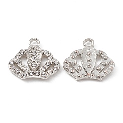 Platinum Alloy Crystal Rhinestone Pendants, Crown Charms, Platinum, 17.5x19x3mm, Hole: 2.4mm