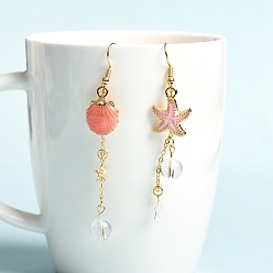 Quartz Crystal Natural Quartz Crystal Dangle Earrings, Alloy Enamel Starfish & Shell Asymmetrical Earrings for Women, 75x8mm