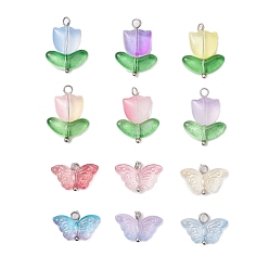 (52) Непрозрачная лаванда 12шт. 2 стили тюльпан и бабочка прозрачные стеклянные подвески, с петлей из платиновой латуни, разноцветные, 18x13.5x5.5 мм, отверстие : 1.8 мм, 6 шт / стиль