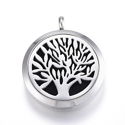 Black 316 Surgical Stainless Steel Diffuser Locket Pendants, with Perfume Pad and Magnetic Clasps, Flat Round with Tree of Life, Black, 36.5x30x6.5~7mm, Hole: 5mm