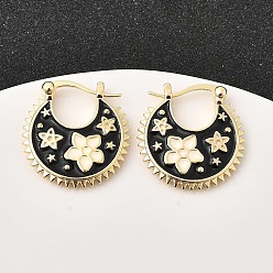 Настоящее золото 18K Серьги-кольца с цветочной эмалью из латуни, реальный 18 k позолоченный, 23x22x3 мм