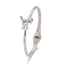 Stainless Steel Color Clear Cubic Zirconia Rabbit Cuff Bangle, 304 Stainless Steel Hinged Open Bangle for Women, Stainless Steel Color, Inner Diameter: 2-1/8 inch(5.5cm)