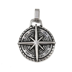 Античное Серебро 304 подвески из нержавеющей стали, плоский круглый с подвеской в виде компаса, античное серебро, 30.5x25.5x4 мм, отверстие : 6.5x4.5 мм