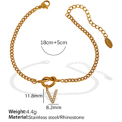 Letter V 304 Браслеты из нержавеющей стали с микропаве из прозрачных кубических цирконий, браслеты из цепочек панцирного плетения для женщин, Буква V, 7.09 дюйм (18 см)