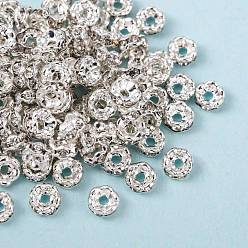 Silver Brass Rhinestone Spacer Beads, Wavy Edge, Crystal, Nickel Free, Silver, 4x2mm, Hole: 1mm