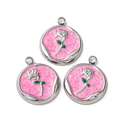 Нержавеющая Сталь Цвет 304 нержавеющей стальной эмали подвески, плоская круглая с подвеской в виде цветка, цвет нержавеющей стали, 17.5x15x2.5 мм, отверстие : 1.8 мм