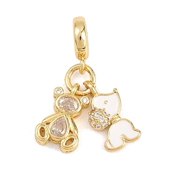 Белый Латунные подвески с прозрачными кубическими циркониями в виде животных, выполненные в европейском стиле., Милые кулоны с большими отверстиями в виде медведя и собаки, украшенные эмалью., реальный 18 k позолоченный, долговечный, стойки покрытие, без свинца и без кадмия, белые, 26 мм, отверстие : 5 мм