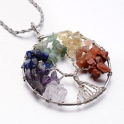 Mixed Stone Tree of Life Mixed Stone Big  Pendants Necklaces, with 304 Stainless Steel Chain, 19.6 inch