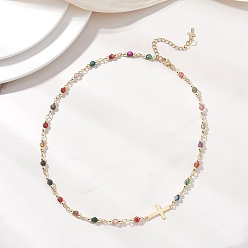 Разноцветный Граненые круглые бусины из натурального индийского агата и 304 цепочки из крошечных крестиков из нержавеющей стали ручной работы, золотые, красочный, 16.54~16.73 дюйм (42~42.5 см)