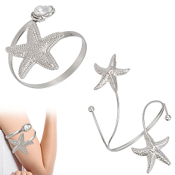 Platinum 1Pc Alloy with Plastic Pearl Arm Cuff Bangles for Women, Starfish, with 1Pc Iron Upper Arm Cuff Bangles for Women, Starfish, Platinum, 1/4 inch(0.6cm), Inner Diameter: 2-1/4 inch(5.85cm)