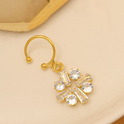 Золотой Латунные кольца-манжеты с прозрачными кубическими цирконами и подвесками в виде цветка, без пирсинга, с 316l хирургическими обручами из нержавеющей стали, золотые, 30x15 мм