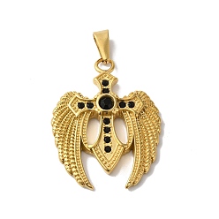 Черный Вакуумное покрытие pvd 304 подвески из нержавеющей стали, с 201 дужками для ледорубов из нержавеющей стали и стразами, поперечное крыло, чёрные, 51.5x39.5x7 мм, отверстие : 11x5 мм