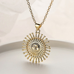 Золотой Подвеска в виде латунного солнца с лицом на цепочке., золотые, 17.72 дюйм (45 см), подвеска: 29x22 мм.