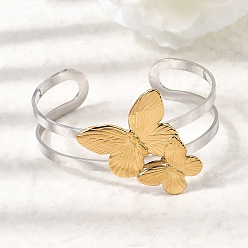 Бабочка Двухцветные 304 браслеты-манжеты из нержавеющей стали для женщин, настоящее золото и нержавеющая сталь, бабочка, внутренний диаметр: 2.40x1.93 дюйм (6.1x4.9 см)